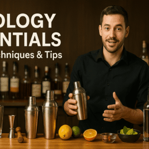 bartender teaching mixology essentials with tools, glassware, and cocktails