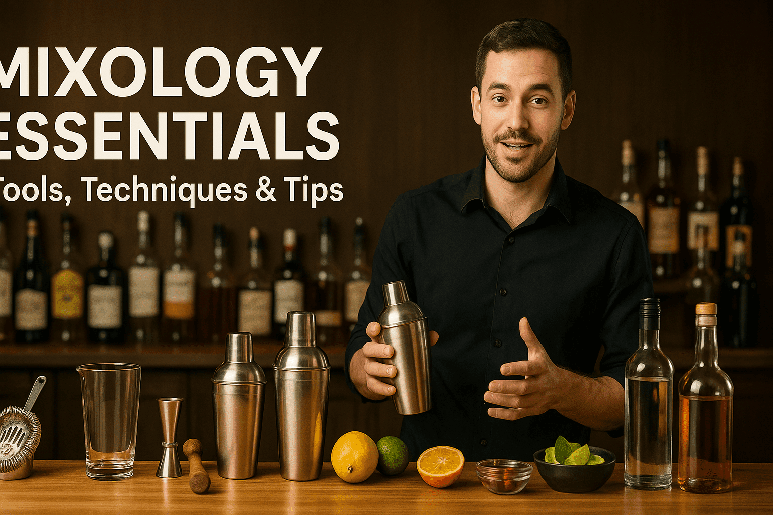 bartender teaching mixology essentials with tools, glassware, and cocktails