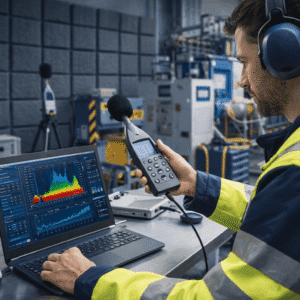 Noise Control Engineering Level 3 training showing acoustic testing equipment used to measure and control industrial sound