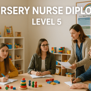 Adult learners in a UK nursery training setting studying for the Nursery Nurse Diploma Level 5.
