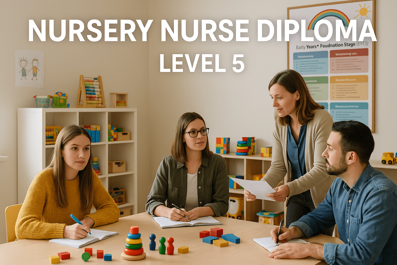Adult learners in a UK nursery training setting studying for the Nursery Nurse Diploma Level 5.