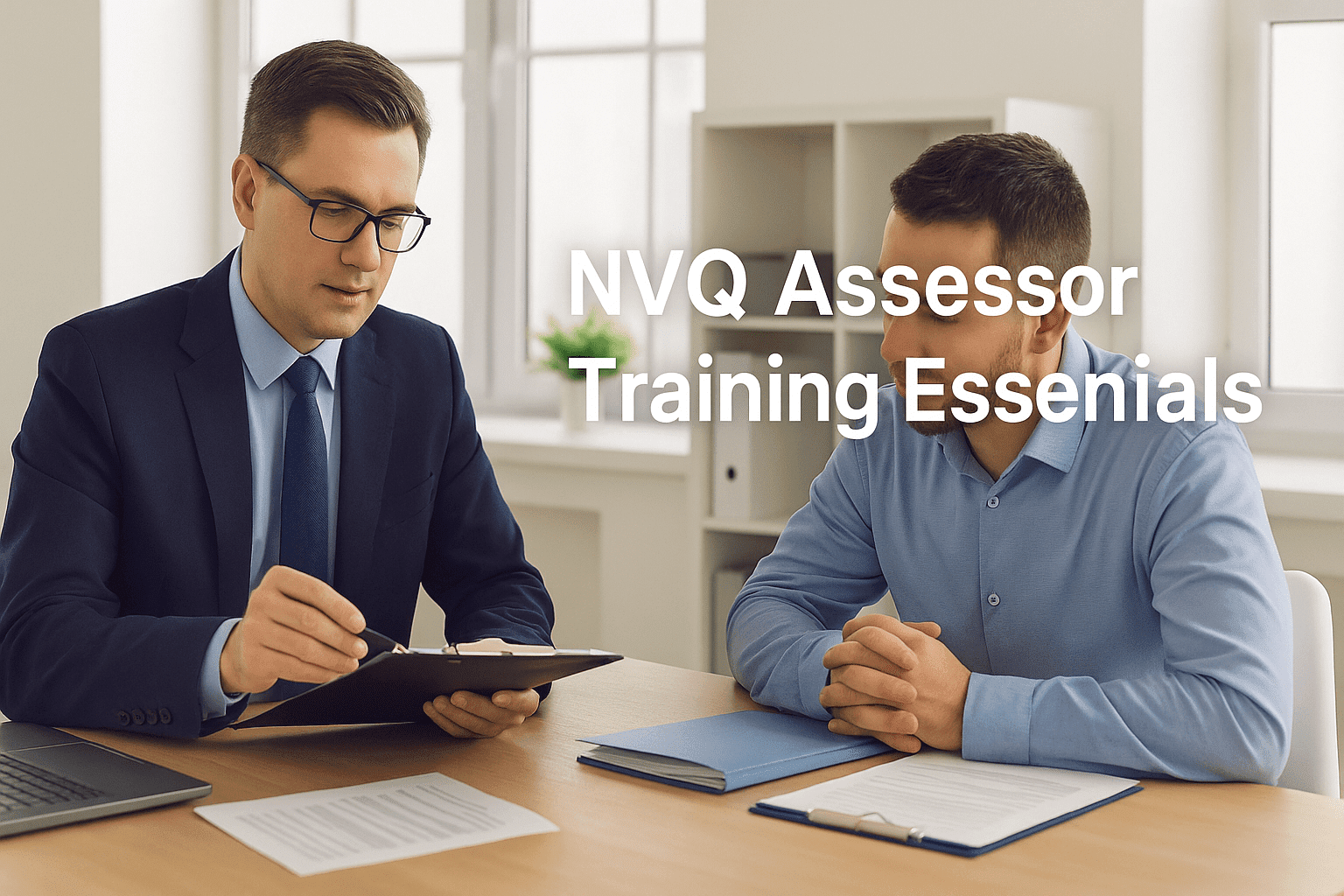 Professional NVQ assessor reviewing learner portfolios during assessment session, NVQ Assessor Training Essentials course.