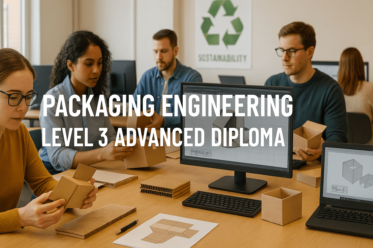 Students studying Packaging Engineering design, materials, and sustainability in a modern training lab.