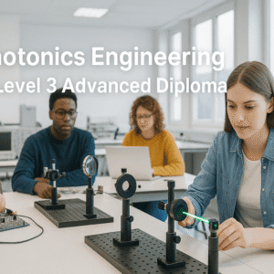 Students learning photonics engineering with lasers, optical devices, and laboratory instruments.