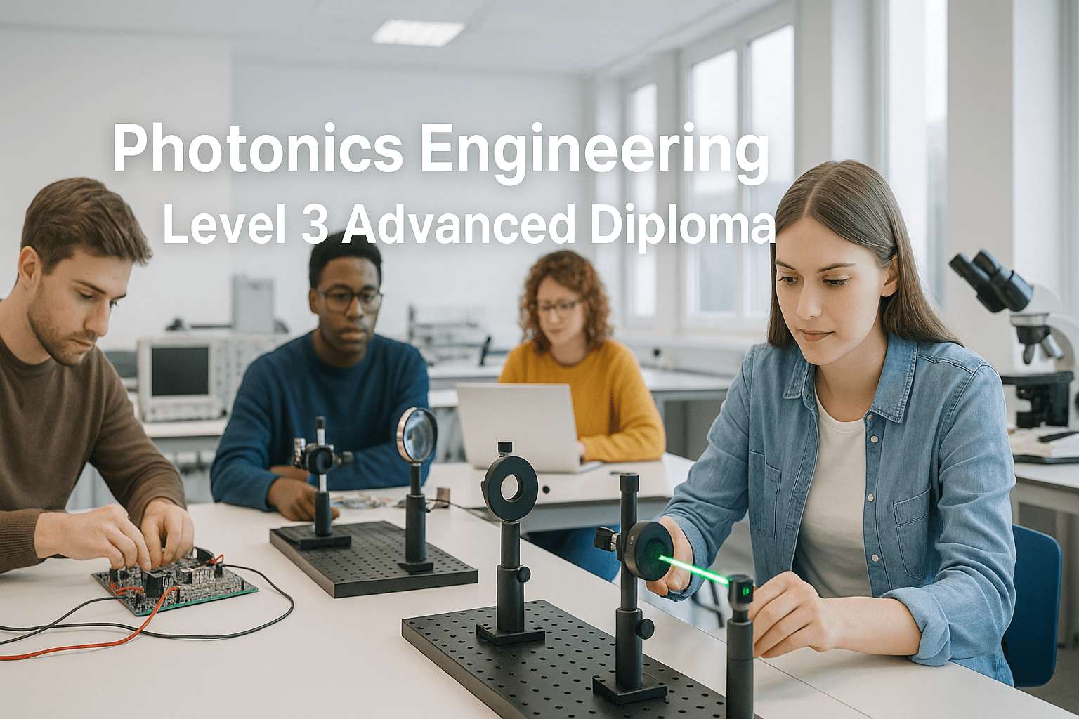 Students learning photonics engineering with lasers, optical devices, and laboratory instruments.