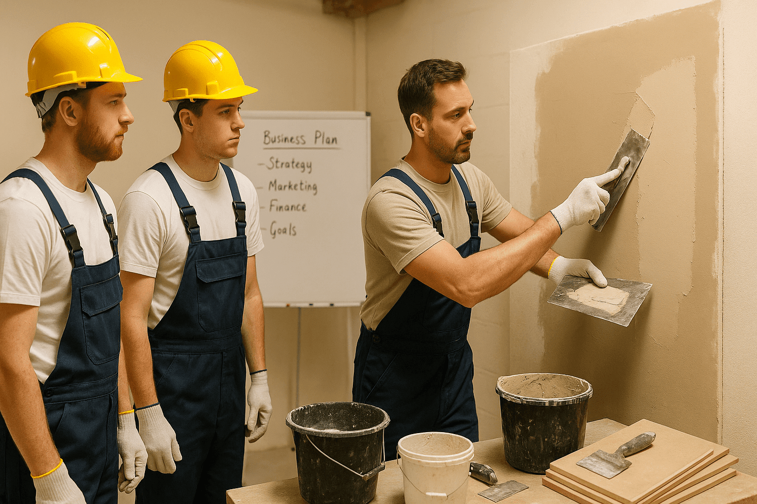 Professional plasterer teaching business essentials in a modern workshop setup