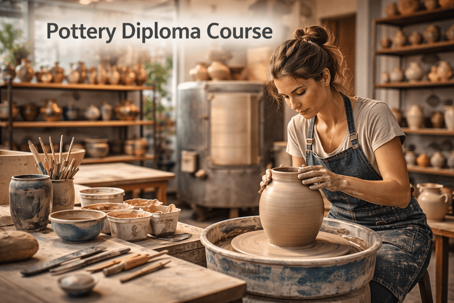 Pottery Diploma Course showing an artist shaping clay on a wheel inside a professional pottery studio