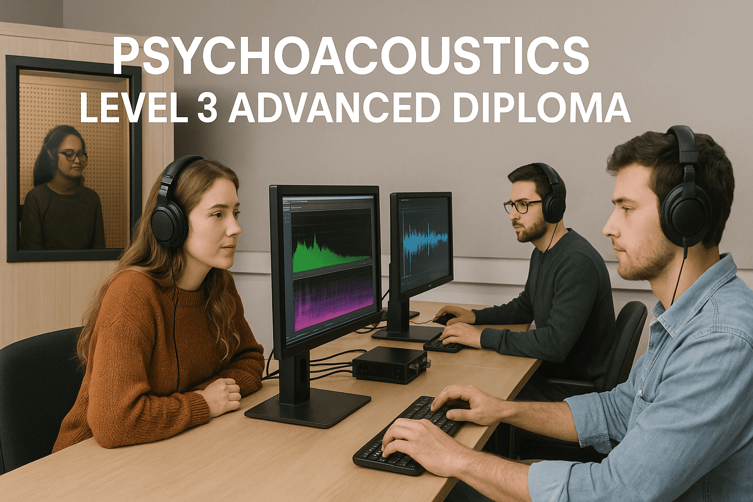 students studying auditory perception and psychoacoustics in a modern UK sound lab