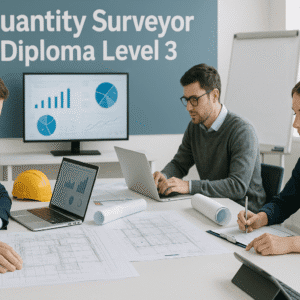 Quantity surveyor diploma students analysing construction blueprints and project costs in a modern UK classroom.