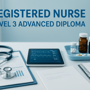 Registered nurse diploma Level 3 image showing advanced nursing practice, clinical tools and professional healthcare environment.