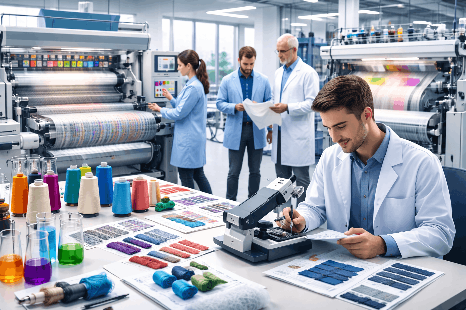 Textile Engineering Diploma training showing fabric production, textile machinery and quality testing in a modern textile lab
