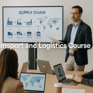 Students learning transport and logistics in a modern UK training centre with supply chain visuals.