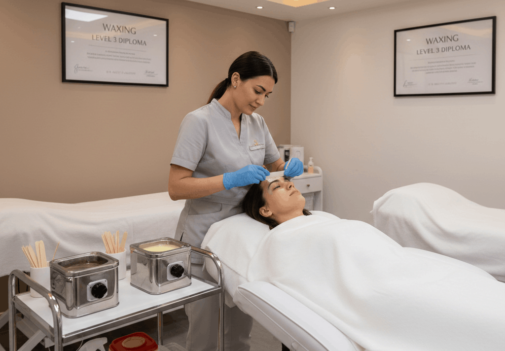 Waxing Level 3 Diploma training showing a beauty therapist performing professional body and facial waxing procedures