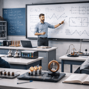 A Level Physics classroom with equations, diagrams, and laboratory equipment supporting mechanics, waves, and electricity topics.