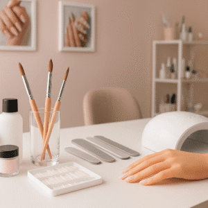 Acrylic nail training scene showing professional tools, nail art setup and salon workspace.