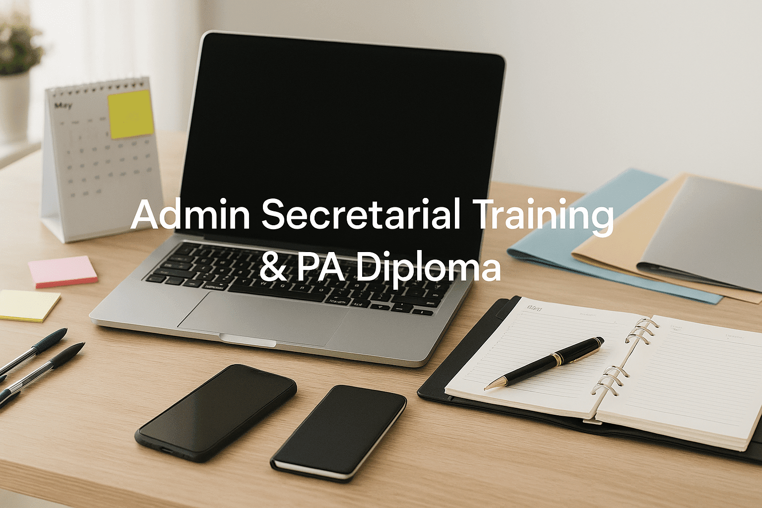 Office desk scene with laptop, planner, documents, and stationery representing admin secretarial training.