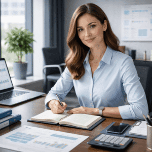 Administrator course showing a professional office administrator managing documents, schedules, and digital systems