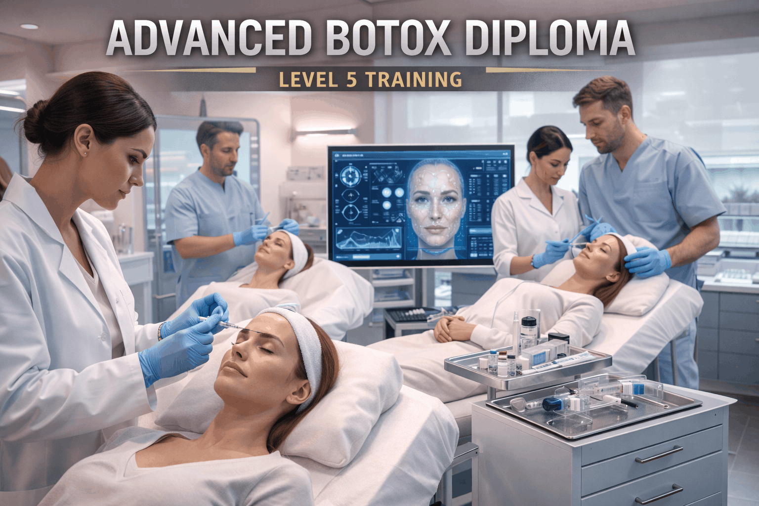 Advanced Botox Diploma Level 5 students performing precision facial injection techniques in a professional aesthetic clinic