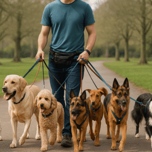 A professional dog walker guiding multiple dogs in a park, showing confidence and control for advanced dog walking training.