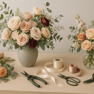 Advanced floristry diploma banner featuring elegant floral arrangements and professional UK-style design tools.