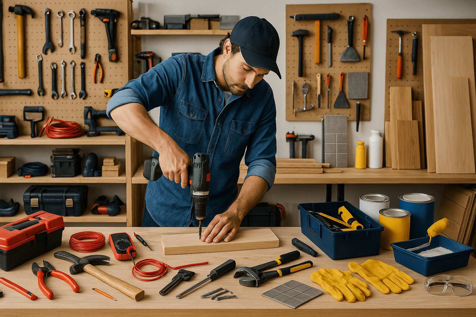 Modern workshop with tools, woodwork, electrical equipment, and a trainee practising repairs for an Advanced Handyperson Diploma Level 3.