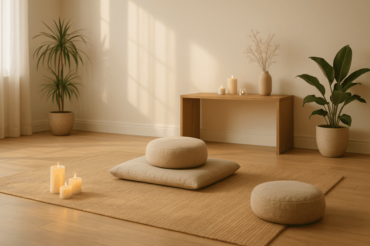 Advanced meditation training banner showing a calm meditation space with cushions, candles, soft lighting, and nature-inspired décor.
