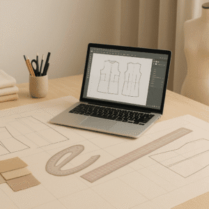 Professional workspace showing tools, fabric and patterns for advanced pattern cutting in fashion design.
