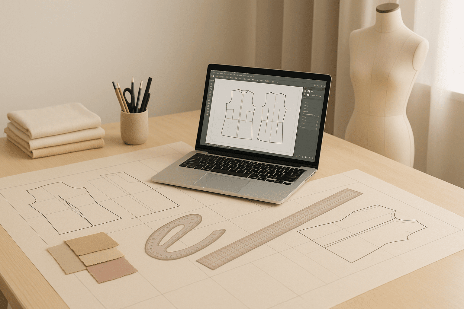 Professional workspace showing tools, fabric and patterns for advanced pattern cutting in fashion design.