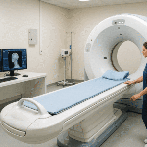 Advanced radiography course image showing CT scanner, control desk and radiographer in a modern clinical imaging room.