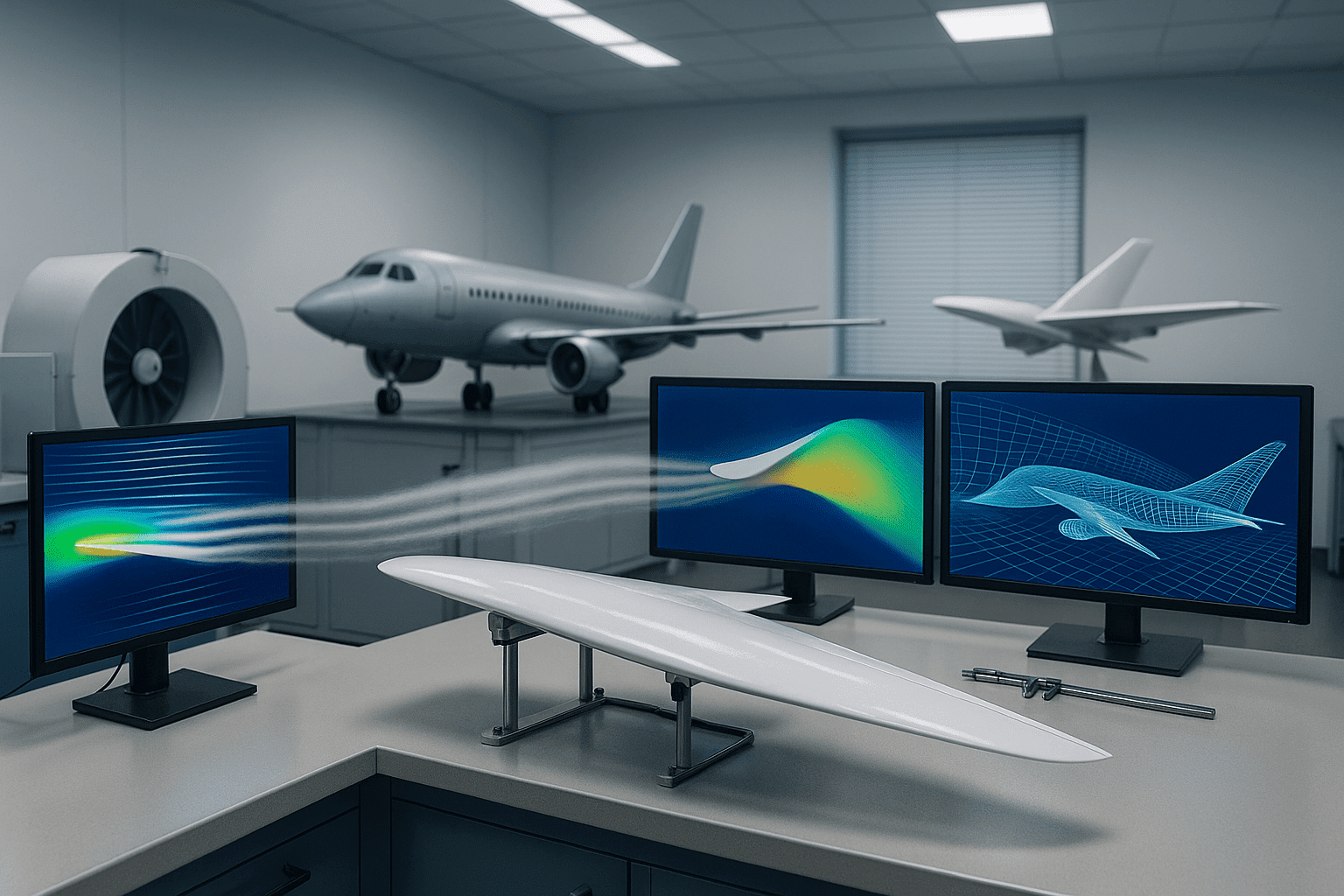 Modern aircraft testing scene showing airflow visualization and wing analysis for the Aerodynamics Diploma.