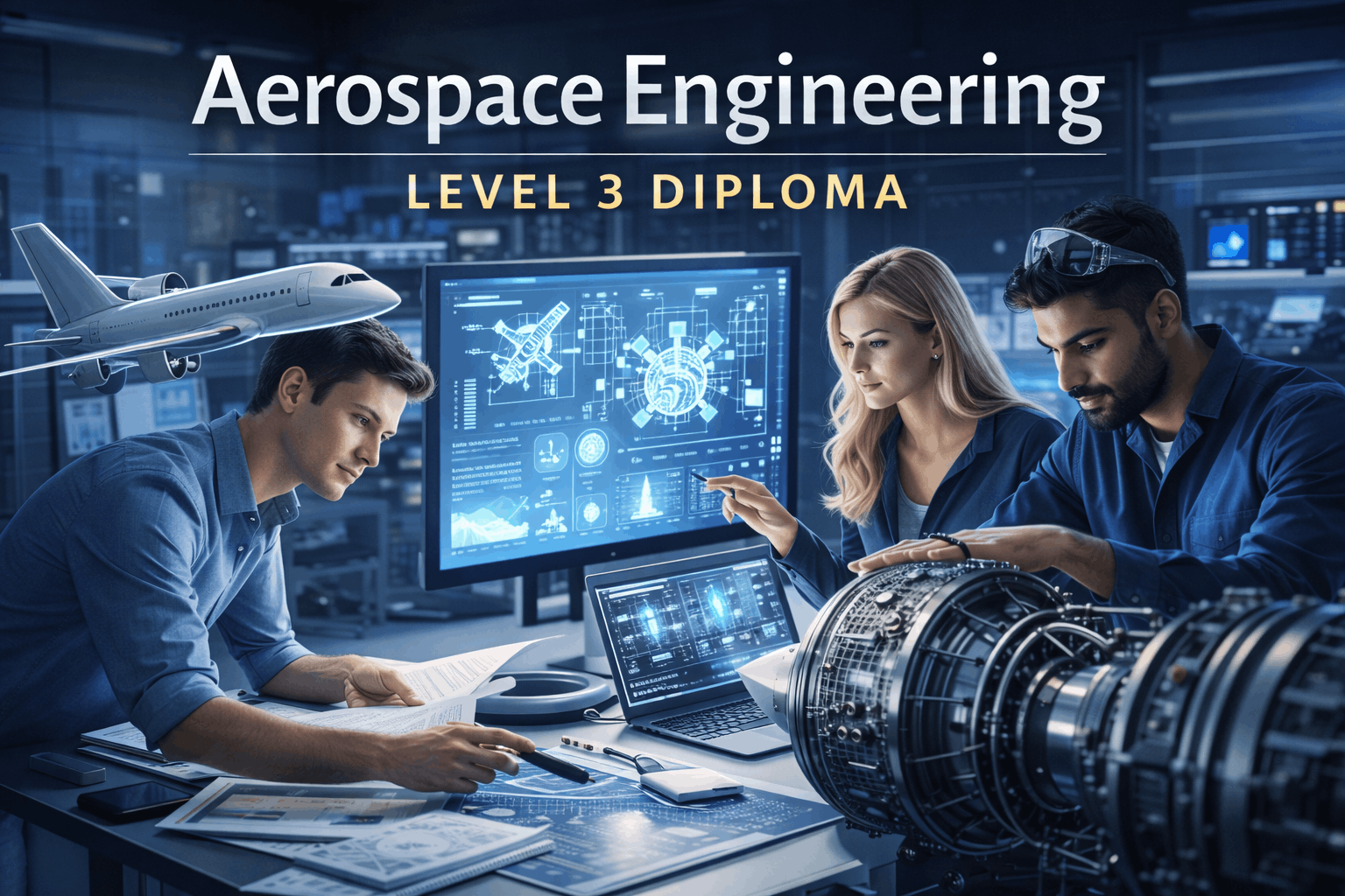 Students studying aircraft, engines and space systems in an Aerospace Engineering Level 3 advanced diploma learning environment