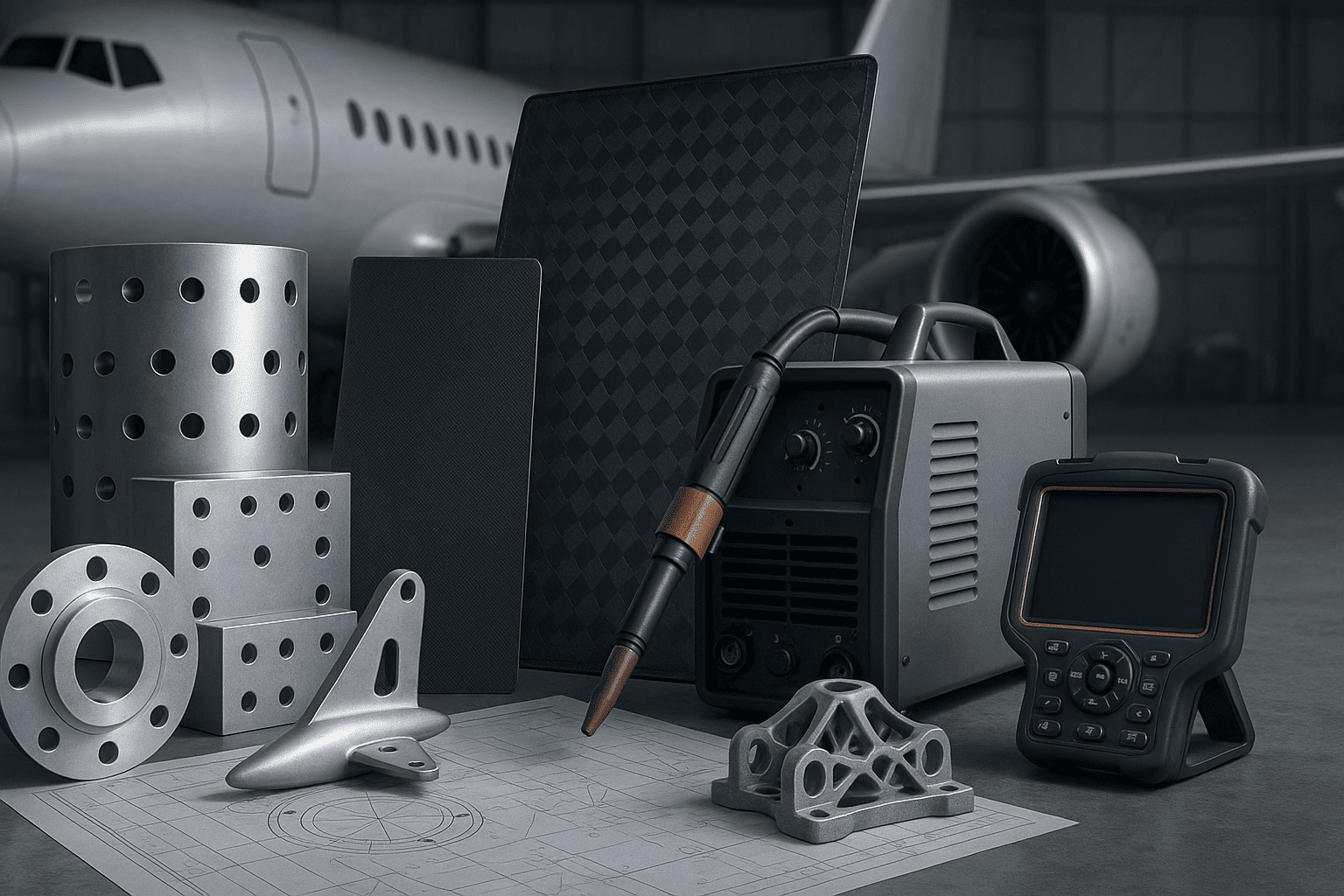 Aerospace materials and manufacturing course image showing aircraft components and advanced production tools.