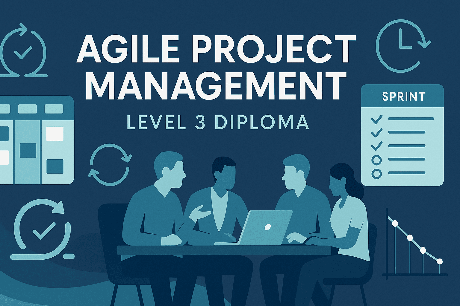 Agile Project Management Level 3 Diploma banner featuring Scrum boards, Kanban workflow, Agile charts, and team collaboration visuals.