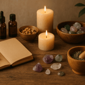 Alternative medicine course image showing natural healing tools, herbs, candles, crystals, and holistic therapy elements in a calming setting.