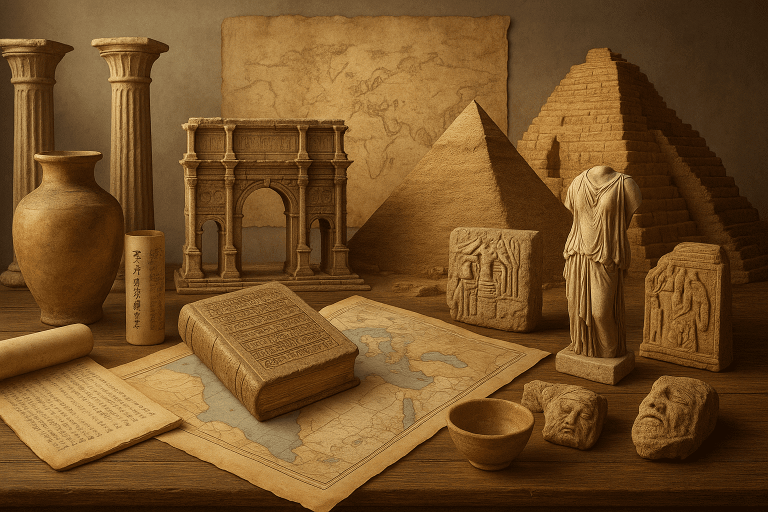Ancient history diploma image showing ruins, artifacts, maps, and ancient civilisations in a scholarly setting.