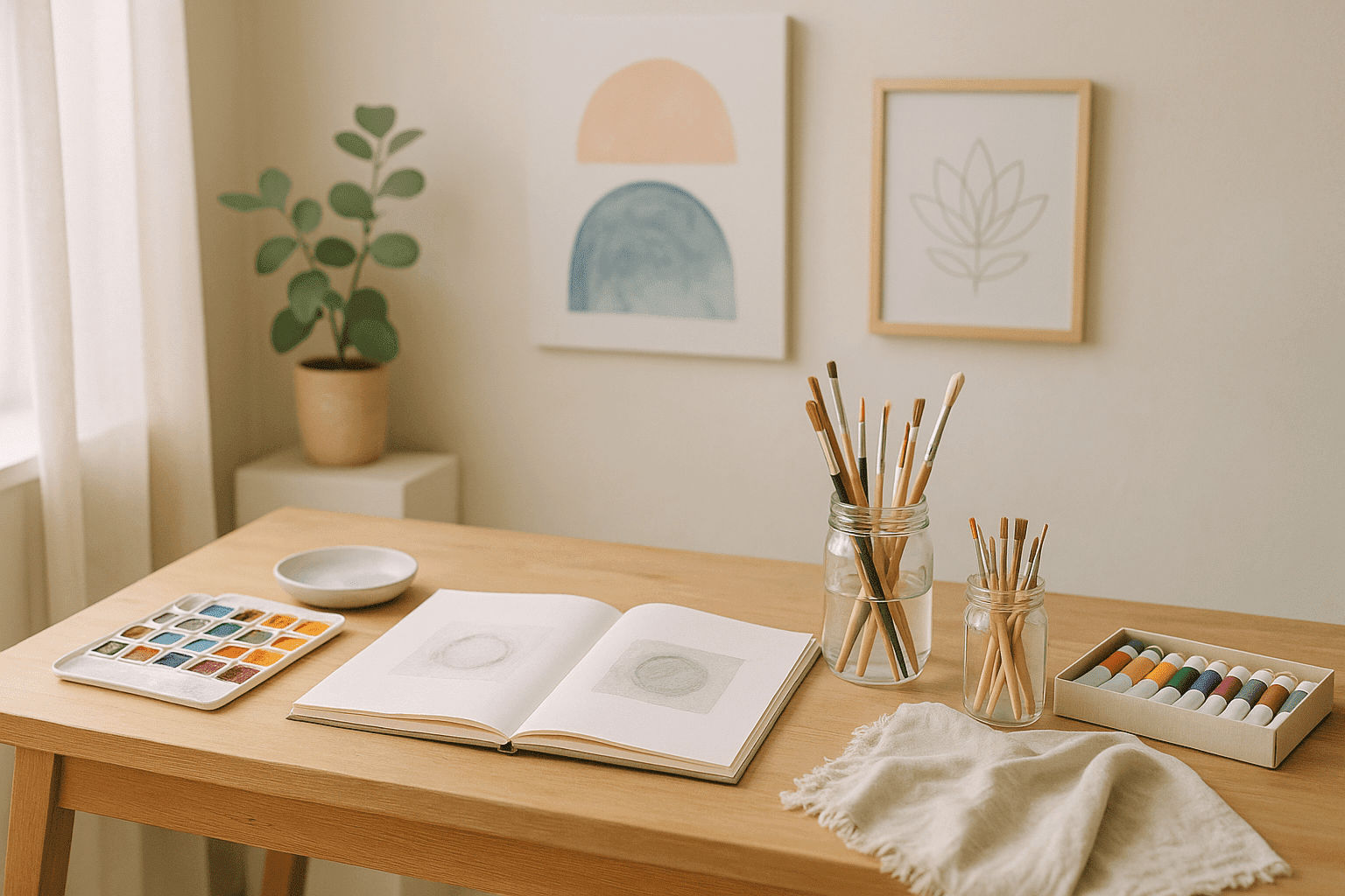 Relaxing studio scene showing art therapy diploma learning with paints, canvas, and therapeutic tools.