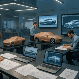 Modern studio showing designers creating car sketches and 3D models for an automotive design diploma.