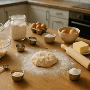 A baking essentials course scene with tools, ingredients, and dough on a clean wooden table in soft kitchen lighting.