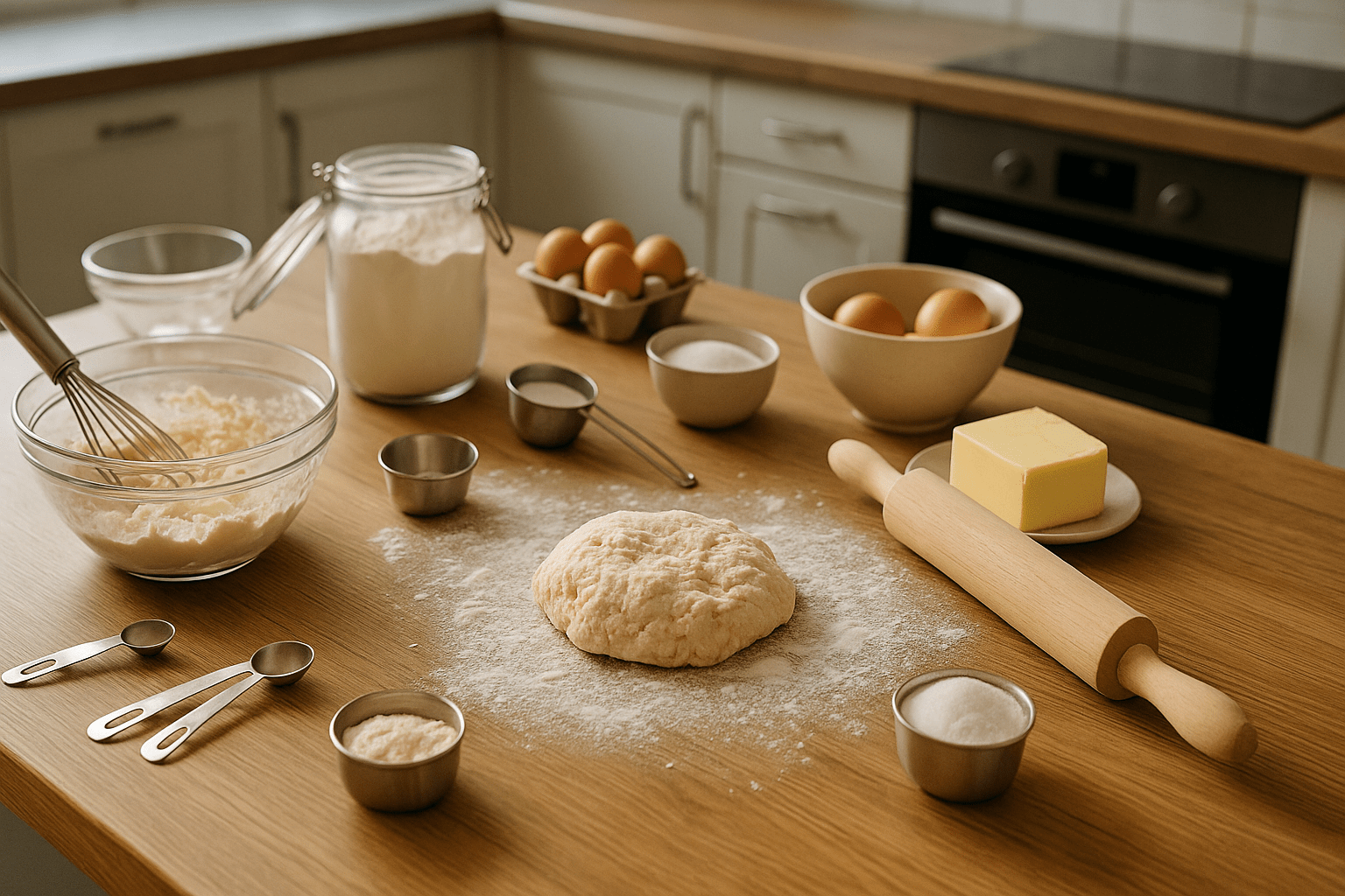 A baking essentials course scene with tools, ingredients, and dough on a clean wooden table in soft kitchen lighting.