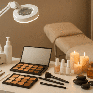 beauty therapist level 3 diploma image showing skincare, makeup, body treatments and spa tools in a modern clinic