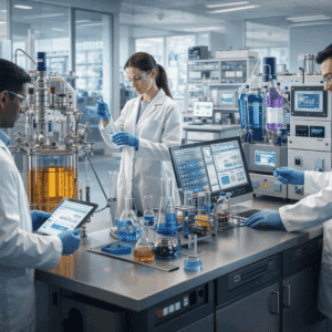 Biochemical engineering diploma Level 3 showing bioreactors, laboratory experiments, biotechnology processes, and industrial applications