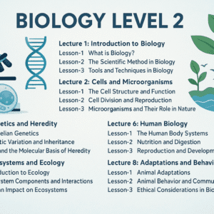 biology level 2 course image showing cells, plants, DNA and ecosystems for science training