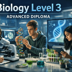 Students studying cells, DNA and ecosystems in a Biology Level 3 advanced diploma course in a modern science learning environment