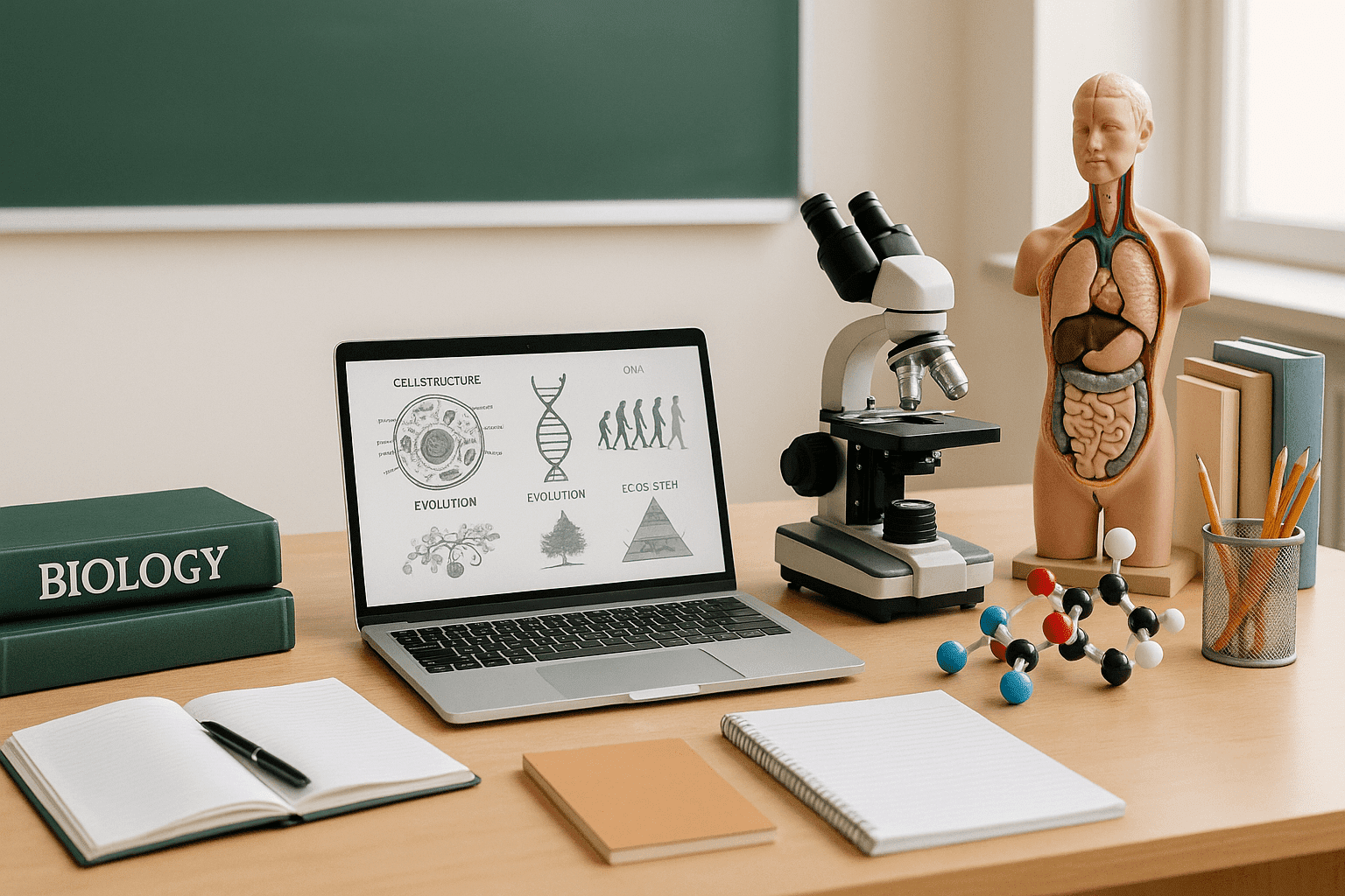 Biology teacher diploma workspace with teaching tools and modern classroom elements
