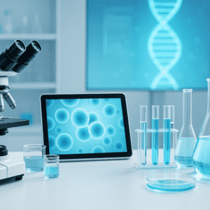 Modern biomedical science course lab setup with microscope, glassware, DNA graphics and research equipment.