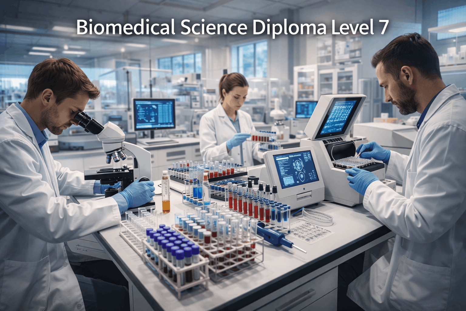 Biomedical science diploma students working in a clinical laboratory with microscopes, samples and diagnostic equipment