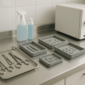 Body piercing training setup with tools, gloves, jewellery, steriliser and clean professional workspace.