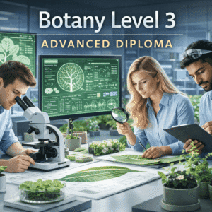 Students examining plant samples, leaves and microscopes in a Botany Level 3 advanced diploma learning environment