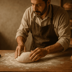 Artisan baker shaping dough on a wooden table, showcasing bread making course techniques for Level 3 learners.