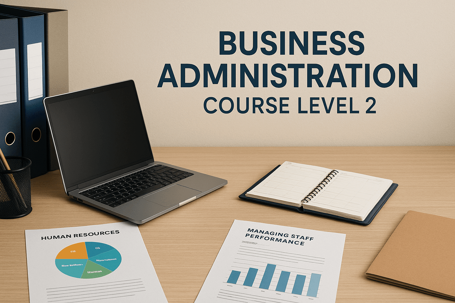 Modern office desk with laptop, documents, HR charts and planner, representing Business Administration Course Level 2.